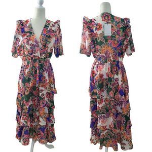 Hale Bob Women's Elsie Tiered Dress Green Red Multi Floral  Smocked Waist Sz XL